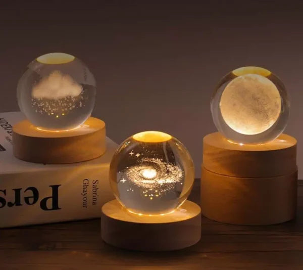 3d Galaxy Solar System Crystal Ball Night Light With Wooden Base For Boys And Girls