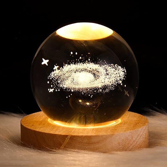 3d Galaxy Solar System Crystal Ball Night Light With Wooden Base For Boys And Girls