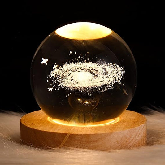 3d Galaxy Solar System Crystal Ball Night Light With Wooden Base For Boys And Girls